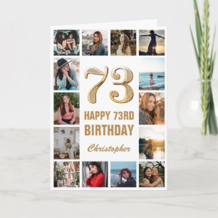 Tarjeta 73.º Collage de fotos blanco y oro feliz cumpleaño