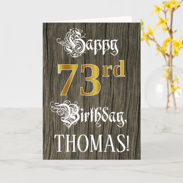 Tarjeta 73 Aniversario: Faux Gold Look + Faux Wood Pattern (flor amarilla)