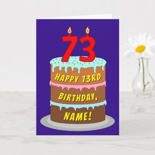 Tarjeta 73 Aniversario: Torta divertida y velas + nombre p (Planta pequeña)