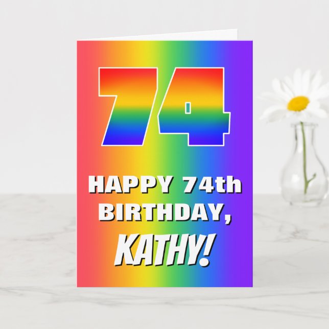 Tarjeta 74º cumpleaños: Colorido, divertido patrón arcoiri (Planta pequeña)