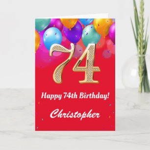 Tarjeta 74.º cumpleaños Globos de color rojo y oro