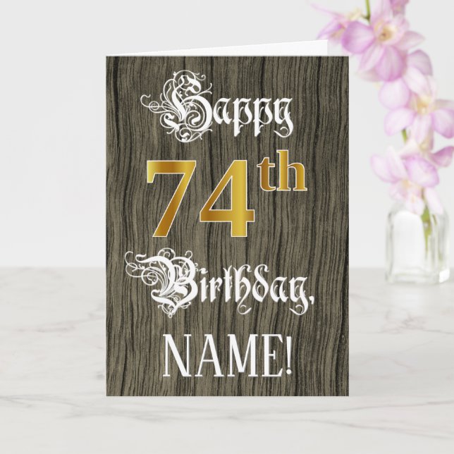 Tarjeta 74 Aniversario: Faux Gold Look + Faux Wood Pattern (Orquídea)