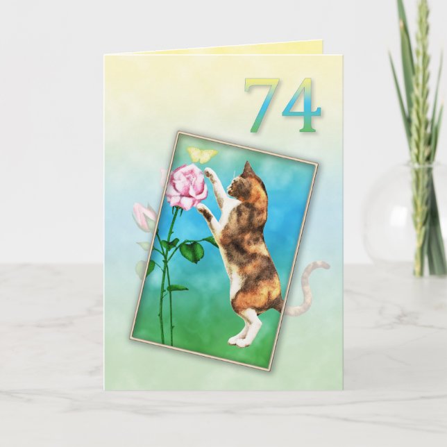 Tarjeta 74° cumpleaños con un gato juguetón (Anverso)