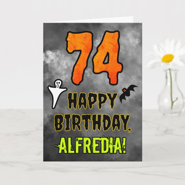 Tarjeta 74 cumpleaños: Tema de Eerie Halloween + nombre pe (Planta pequeña)