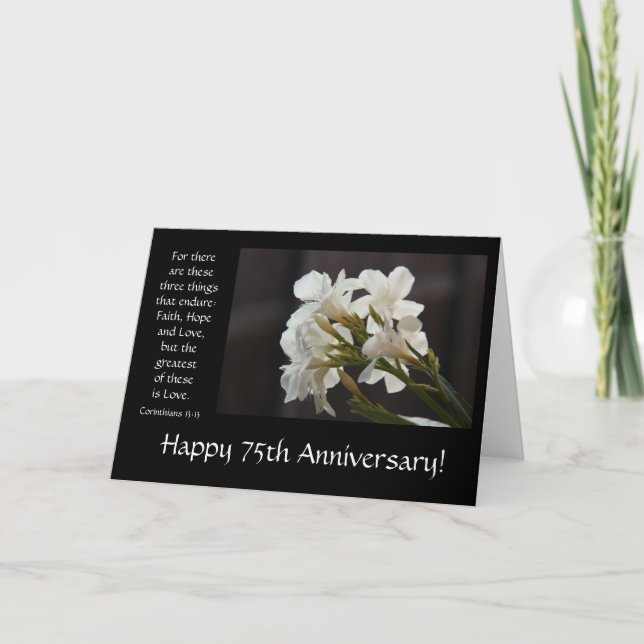 Tarjeta 75º Aniversario, floral, versículo bíblico sobre e (Anverso)
