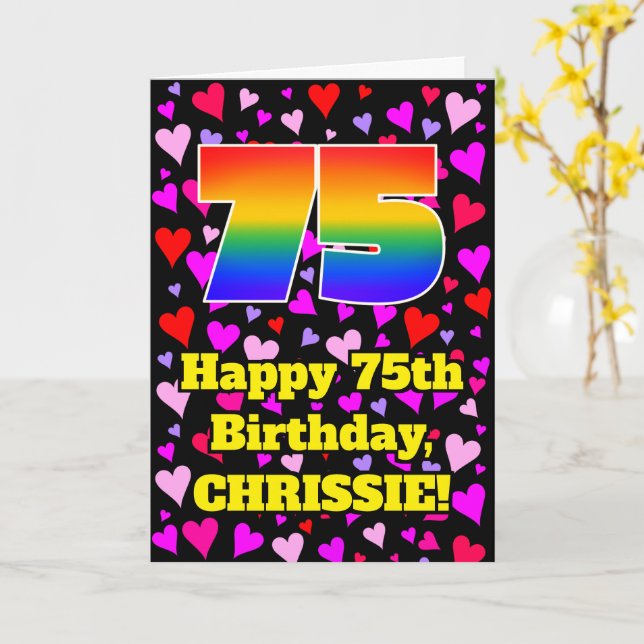 Tarjeta 75º cumpleaños: Patrón de corazones amorosos, arco (flor amarilla)