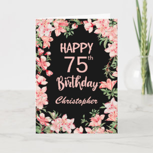 Tarjeta 75.º cumpleaños color de agua rosa Floral negro