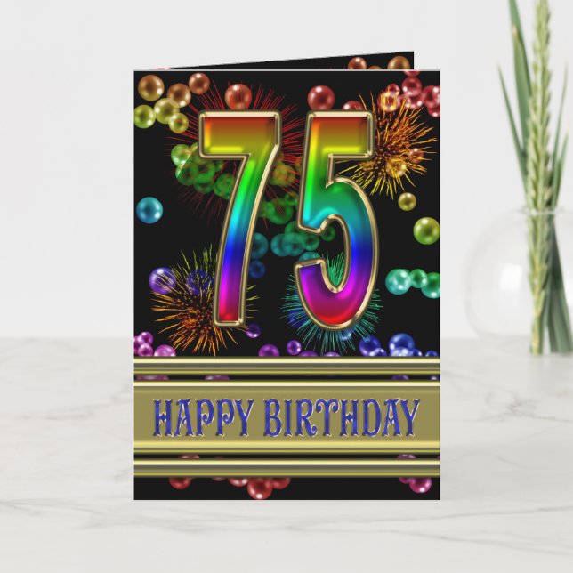 Tarjeta 75.º cumpleaños con burbujas de arcoiris y fuegos  (Anverso)