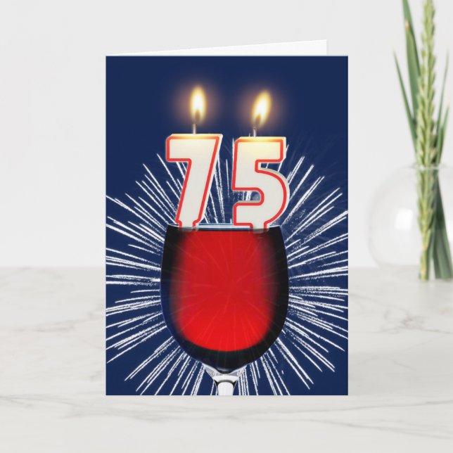 Tarjeta 75.º cumpleaños con vino y velas (Anverso)