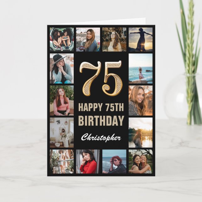 Tarjeta 75.º feliz cumpleaños Collage de fotos negro y oro (Anverso)