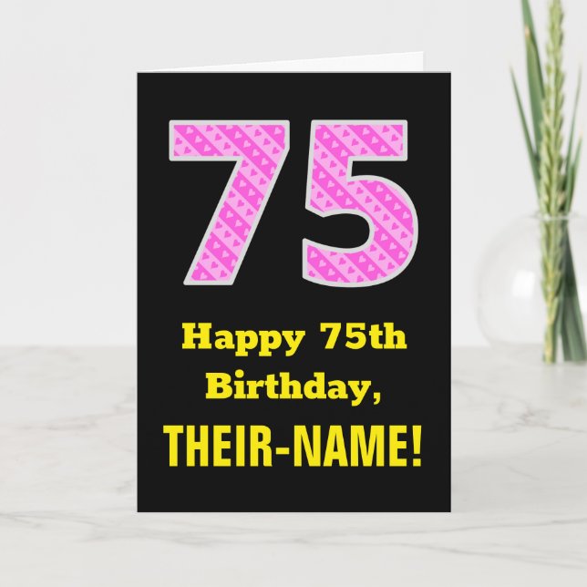 Tarjeta 75 Aniversario: Corazones y franjas rosadas "75" + (Anverso)