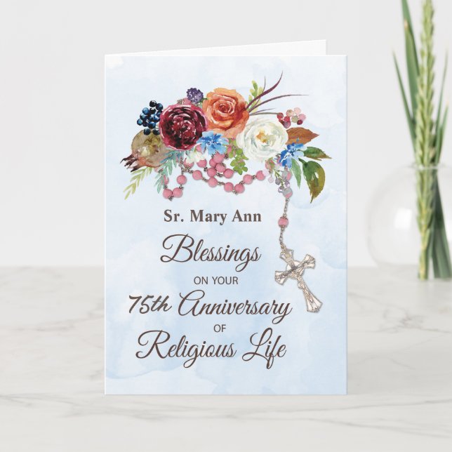 Tarjeta 75° Aniversario de la vida religiosa con Rosario (Anverso)