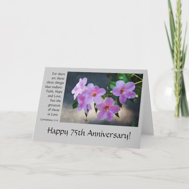 Tarjeta 75° Aniversario, verso floral, biblia sobre el amo (Anverso)