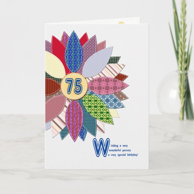 Tarjeta 75 años, cumpleaños de flores cosidas (Anverso)