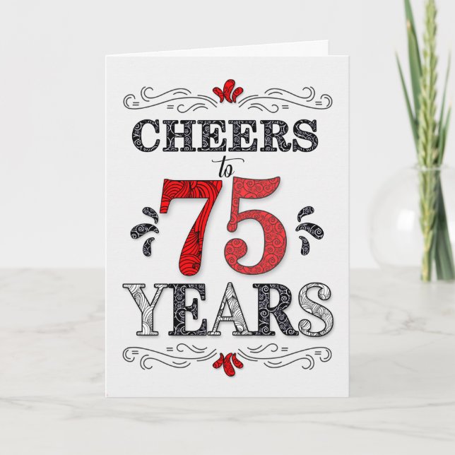 Tarjeta 75 años de alegría en el patrón negro blanco rojo (Anverso)