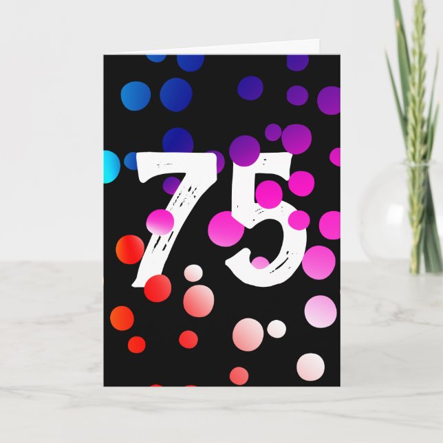 Tarjeta 75° cumpleaños con puntos arcoiris en negro (Anverso)