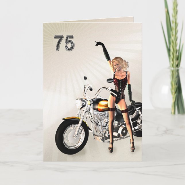 Tarjeta 75° cumpleaños, moto y Chica (Anverso)