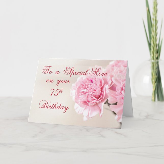 Tarjeta 75.o cumpleaños de la mamá, claveles rosados (Anverso)