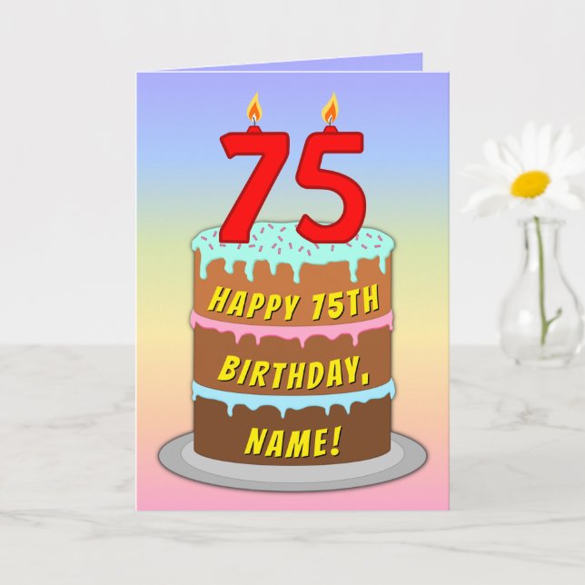 Tarjeta 75th Birthday — Fun Cake & Candles, w/ Custom Name (Planta pequeña)