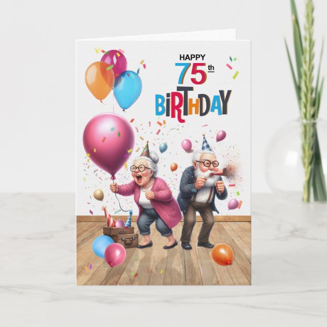 Tarjeta 75th Birthday Funny Old Man and Woman Balloons (Anverso)