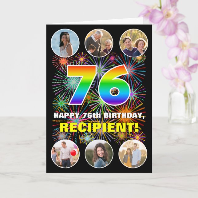 Tarjeta 76º cumpleaños: Arcoiris divertido #, nombre perso (Orquídea)