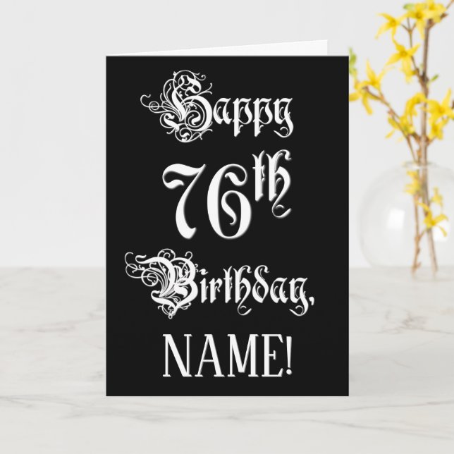 Tarjeta 76º cumpleaños: Elegante guión + nombre personaliz (flor amarilla)