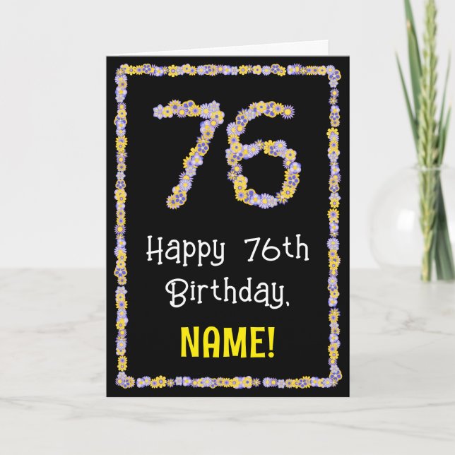Tarjeta 76º cumpleaños: número de flores florales, nombre  (Anverso)