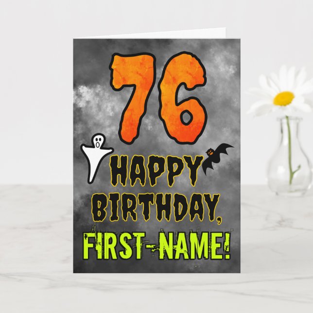 Tarjeta 76º cumpleaños: Tema de Eerie Halloween + nombre p (Planta pequeña)