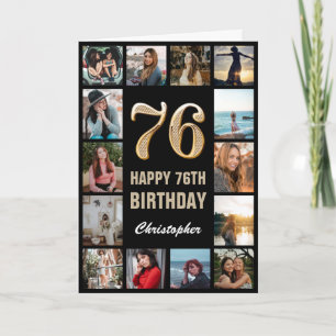 Tarjeta 76.º feliz cumpleaños Collage de fotos negro y oro