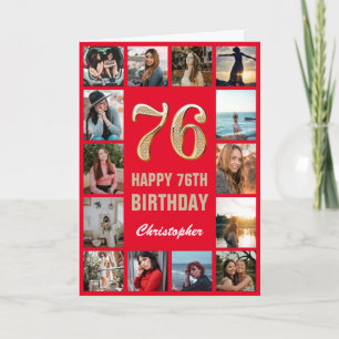 Tarjeta 76.º feliz cumpleaños Collage de fotos rojo y oro