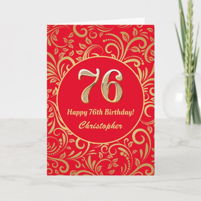 Tarjeta 76.º patrón floral rojo y dorado (Anverso)