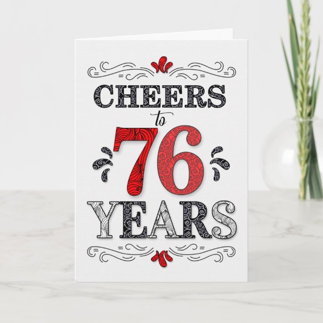 Tarjeta 76 años de alegría en el patrón negro blanco rojo (Anverso)