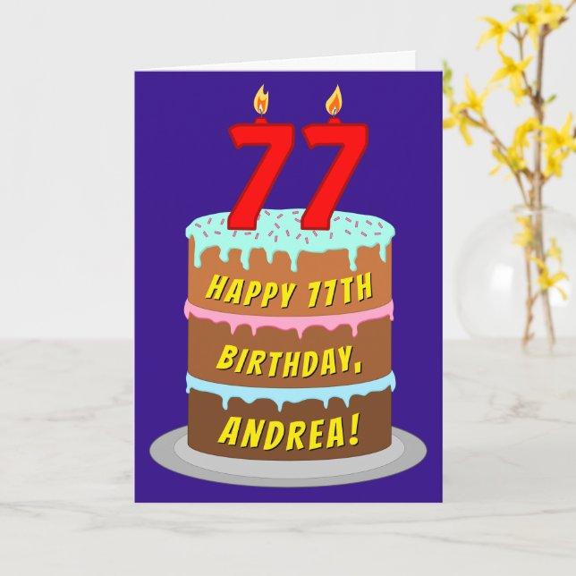 Tarjeta 77º cumpleaños: Torta divertida y velas + nombre p (flor amarilla)