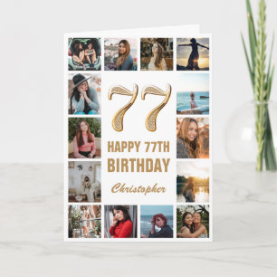 Tarjeta 77.º Collage de fotos blanco y oro feliz cumpleaño