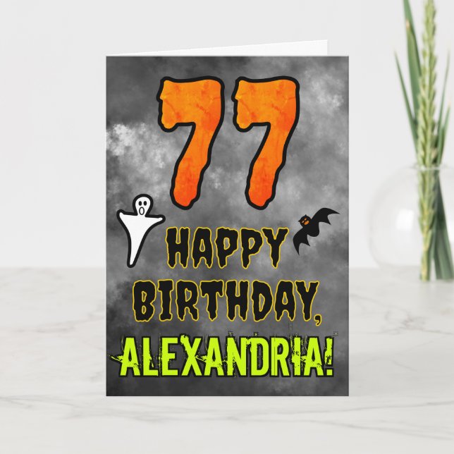 Tarjeta 77.º cumpleaños: Tema de Eerie Halloween + nombre  (Anverso)