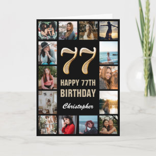 Tarjeta 77.º feliz cumpleaños Collage de fotos negro y oro