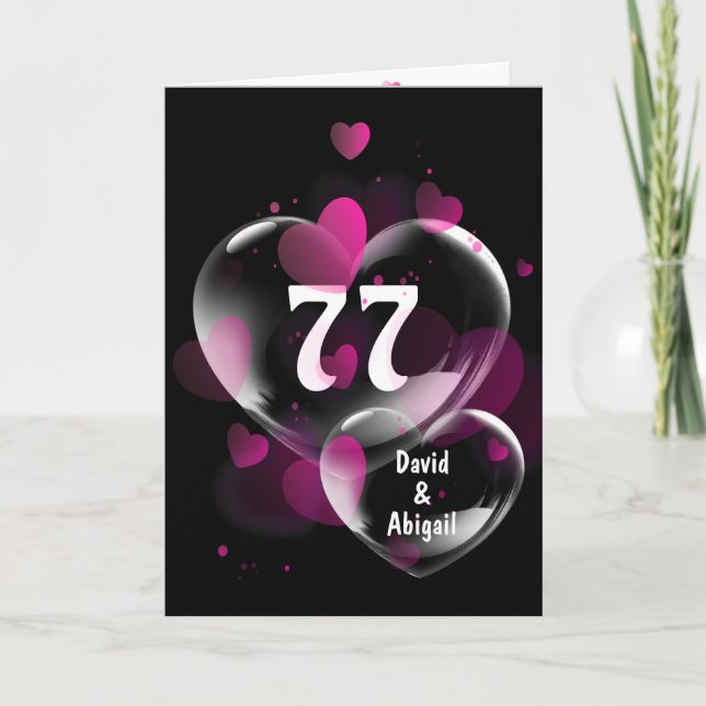 Tarjeta 77° aniversario burbujas de corazón en negro (Anverso)