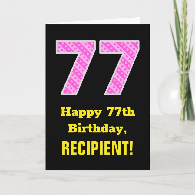 Tarjeta 77 Aniversario: Corazones y franjas rosadas "77" + (Anverso)