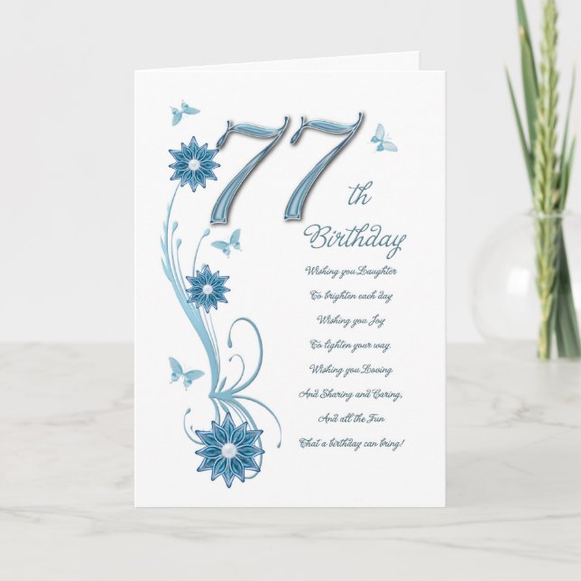 Tarjeta 77 años en verde azulado de flores y mariposa (Anverso)