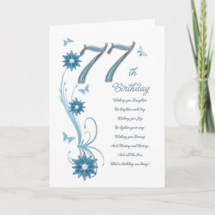 Tarjeta 77 años en verde azulado de flores y mariposa