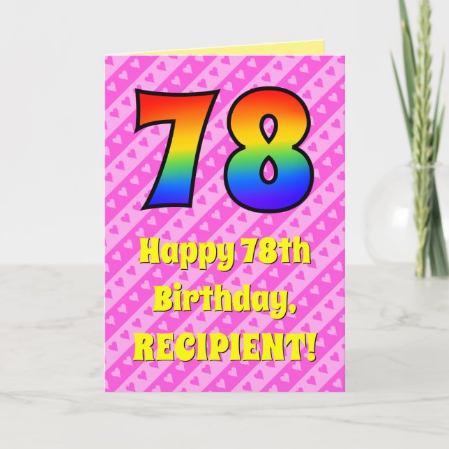 Tarjeta 78º cumpleaños: Rayas y corazones rosados, arcoiri (Anverso)