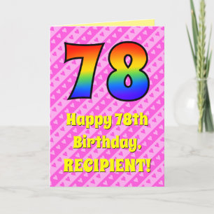 Tarjeta 78º cumpleaños: Rayas y corazones rosados, arcoiri