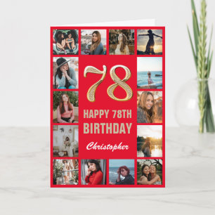 Tarjeta 78.º feliz cumpleaños Collage de fotos rojo y oro