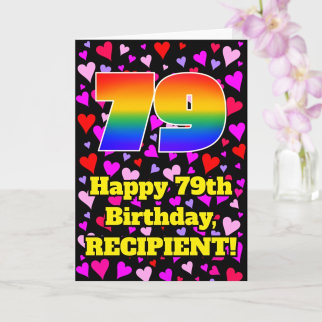 Tarjeta 79º cumpleaños: Patrón de corazones amorosos, arco (Orquídea)