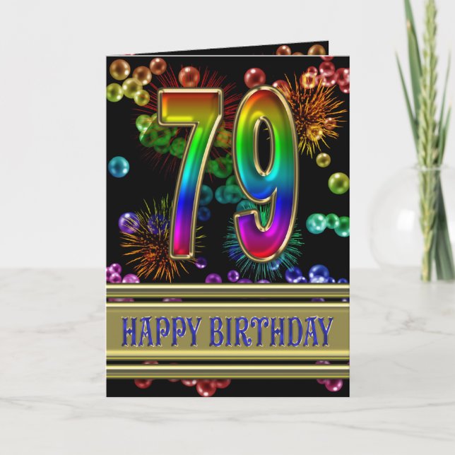 Tarjeta 79.º cumpleaños con burbujas de arcoiris y fuegos  (Anverso)
