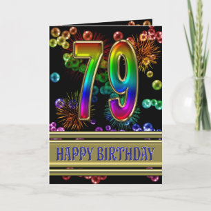 Tarjeta 79.º cumpleaños con burbujas de arcoiris y fuegos