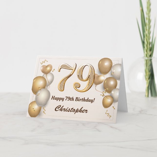 Tarjeta 79.º cumpleaños Globos de oro y cumpleaños de Conf (Anverso)