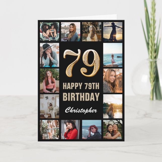 Tarjeta 79.º feliz cumpleaños Collage de fotos negro y oro (Anverso)