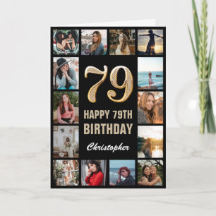 Tarjeta 79.º feliz cumpleaños Collage de fotos negro y oro
