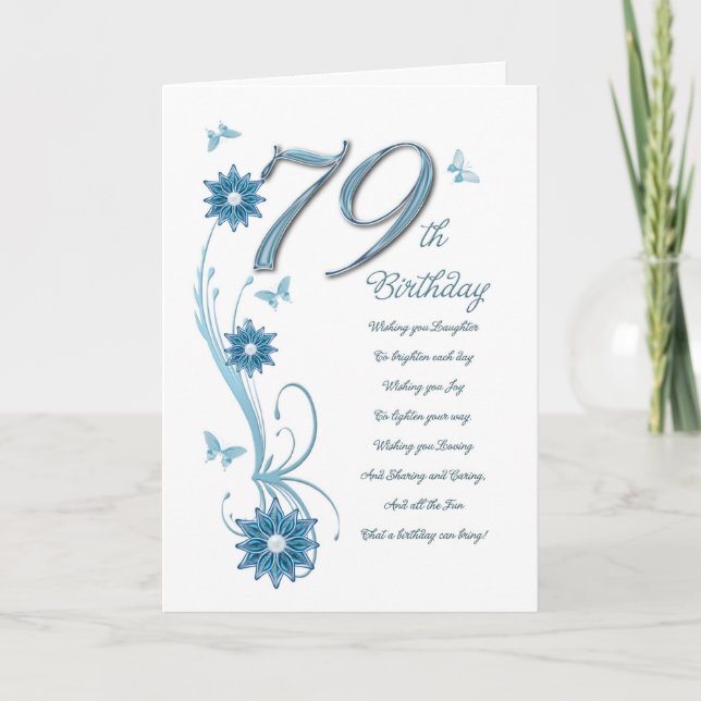 Tarjeta 79 años en verde azulado de flores y mariposa (Anverso)